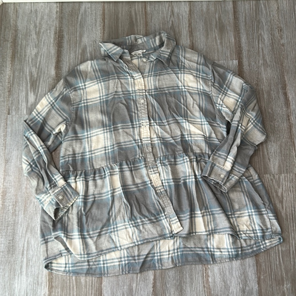 American Eagle Button Up / Down Plaid Flannel with Ruffle Peplum Hem